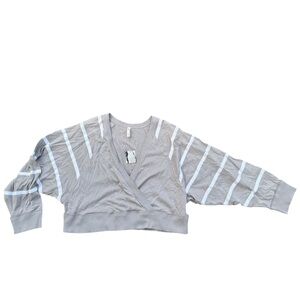 Free People Gray Wrap Blouse Medium Cropped Striped Relaxed Fit V Neck